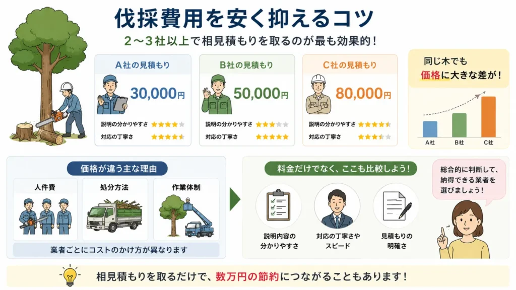 伐採費用を安く抑えるコツを解説した図。2〜3社以上から相見積もりを取り、料金だけでなく説明内容や対応、作業内容も比較して業者を選ぶ重要性を分かりやすく紹介している。