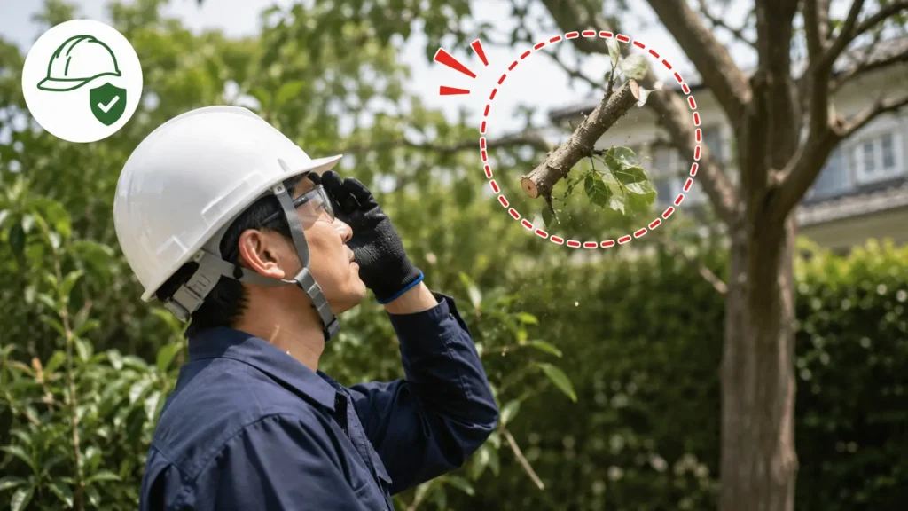 ヘルメットを着用して庭木の伐採作業を行う様子。落下する枝による事故を防ぐため、安全装備の重要性をイメージした写真風画像