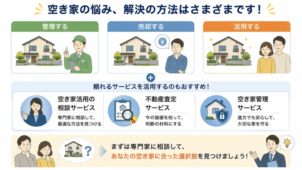 空き家の相談先を紹介した図。空き家管理サービス、不動産査定サービス、空き家活用の相談サービスなどを比較し、専門家へ相談して最適な活用方法を見つける流れを分かりやすく示している