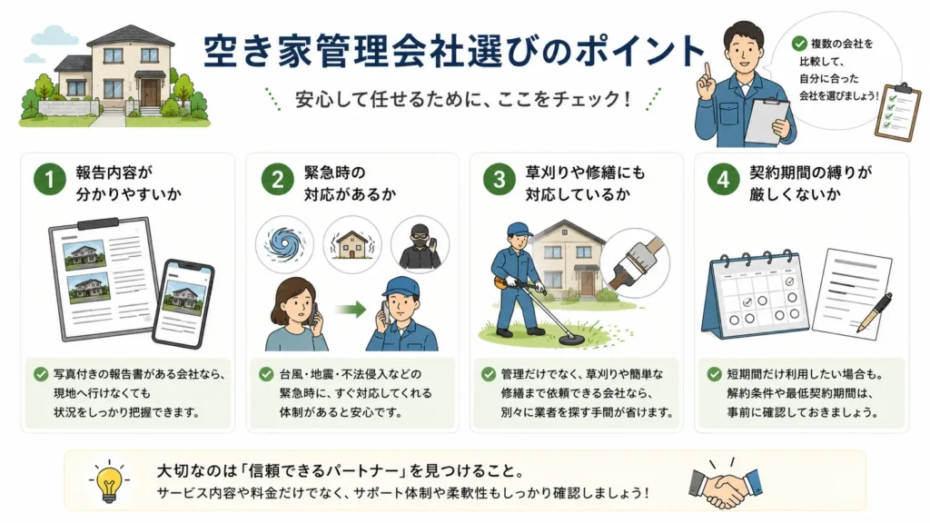 空き家管理会社を選ぶ際のポイントを解説した図。報告書の分かりやすさ、緊急時の対応、草刈りや修繕への対応、契約期間の条件など、比較時に確認したいポイントをイラスト付きで分かりやすく紹介している。