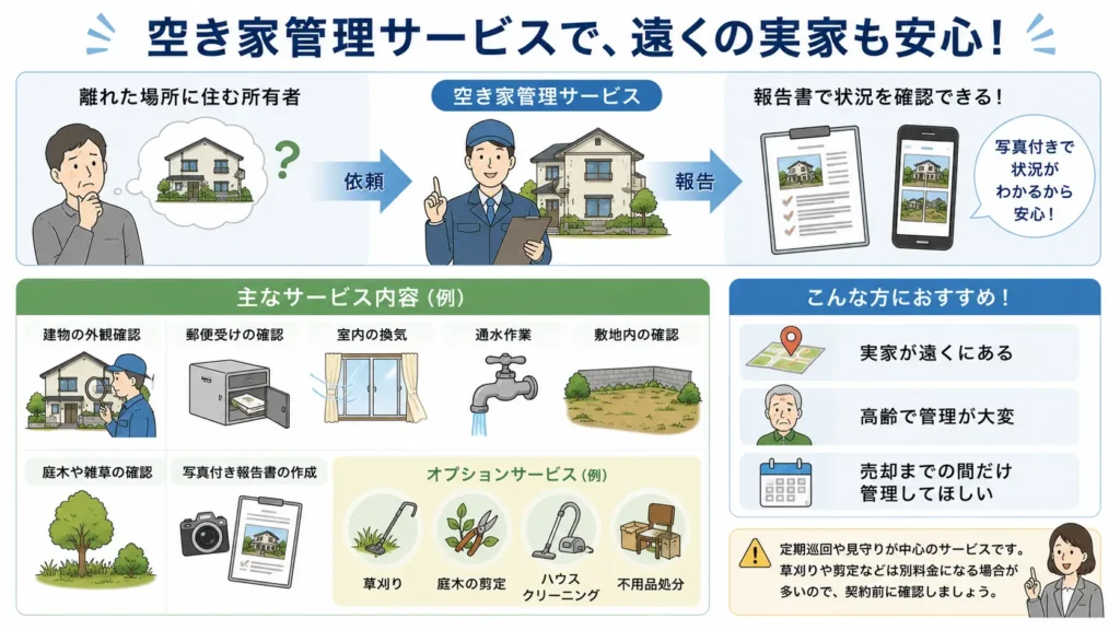 空き家管理サービスの内容を解説した図。建物や敷地の見回り、郵便受けの確認、室内の換気、通水作業、庭木や雑草の確認、写真付き報告書の作成など、一般的なサービス内容と利用シーンを分かりやすく紹介している。