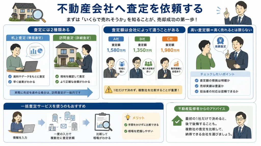 空き家を売却するか解体するか判断するポイントを解説した図。査定で建物と土地の価値を確認し、解体費用、地域の需要、将来的な活用方法を比較しながら最適な選択肢を判断する流れを分かりやすく示している。