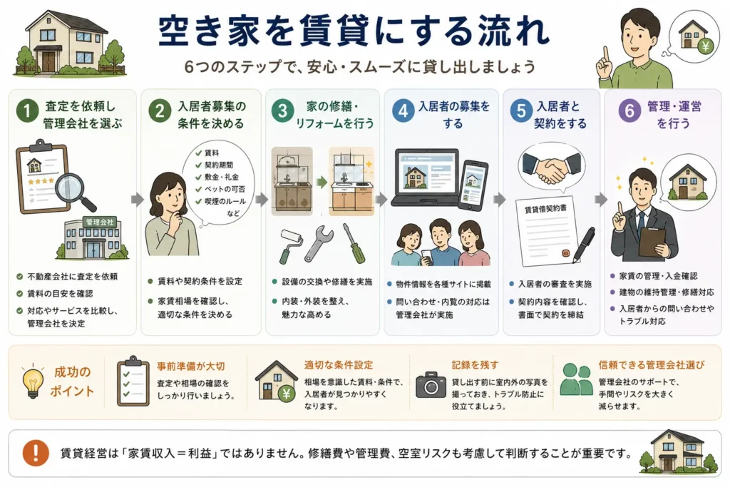 空き家を賃貸に出す流れを解説した図。査定と管理会社選び、入居条件の設定、修繕・リフォーム、入居者募集、賃貸契約、管理・運営までの一般的な手順を時系列で分かりやすく示している。