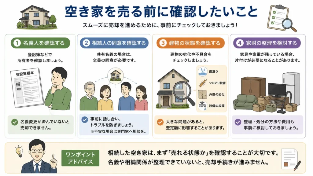 空き家を売却する前に確認したいポイントをまとめた図。名義人の確認、相続人全員の同意、建物の状態確認、家財整理など、売却前に必要な準備をチェックリスト形式で分かりやすく解説している。