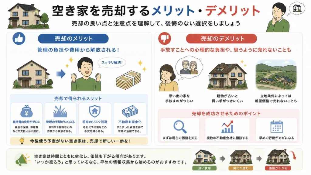 空き家を売却するメリットとデメリットを比較した図。管理費や維持費の負担がなくなり現金化できるメリットと、思い出のある家を手放すことや希望価格で売れない可能性などのデメリットを分かりやすく解説している