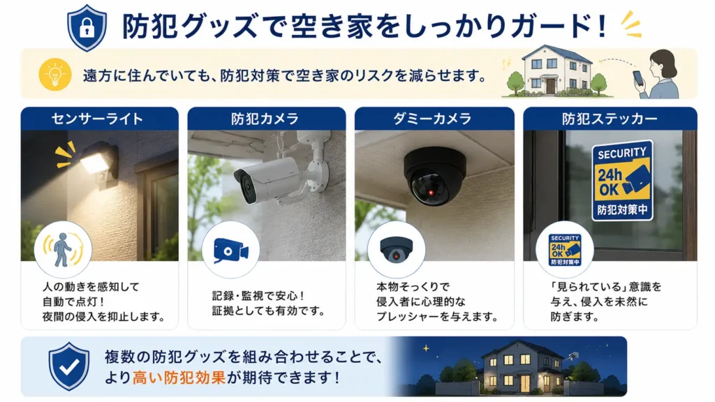 空き家の防犯対策に役立つ防犯グッズを紹介した図。センサーライト、防犯カメラ、ダミーカメラ、防犯ステッカーの特徴と、不法侵入対策として活用できることを分かりやすく示している。