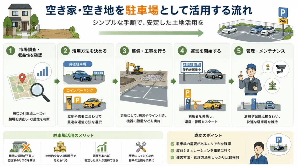 空き家や空き地を駐車場として活用する流れを5つのステップで解説した図。需要調査、月極駐車場・コインパーキングの選択、整備工事、運営開始、管理・メンテナンスまでの一般的な手順を分かりやすく紹介している。