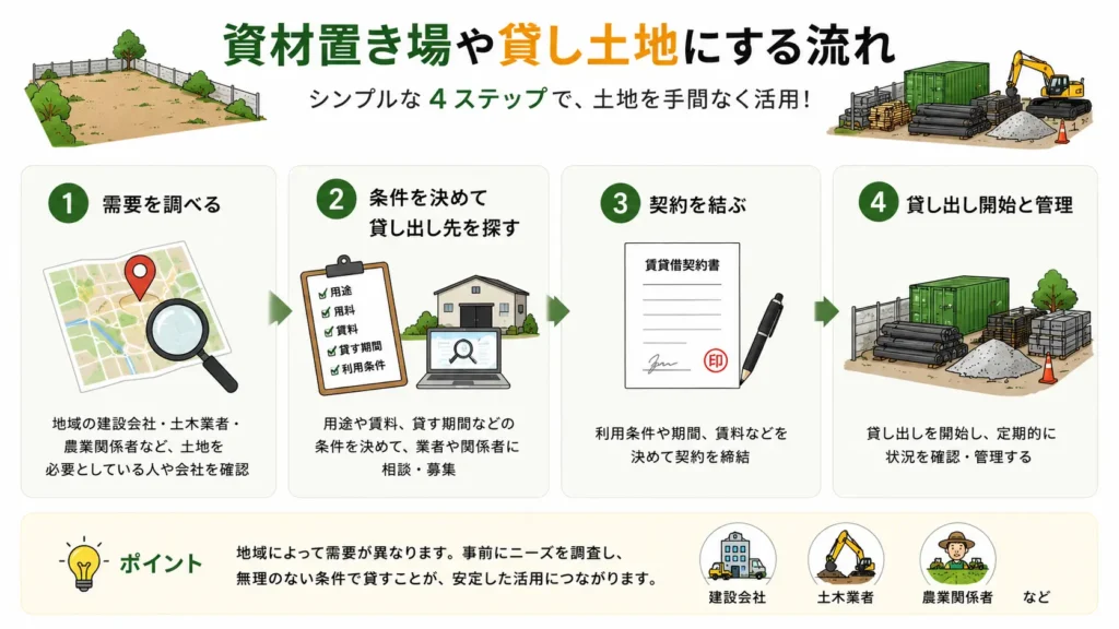 空き地を資材置き場や貸し土地として活用する流れを4ステップで解説した図。地域の需要調査、貸し出し条件の設定、契約、利用開始・管理までの一般的な流れを分かりやすく紹介している。