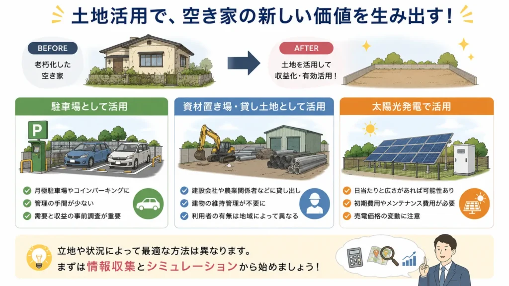 空き家を解体した後の土地活用方法を解説した図。駐車場、資材置き場・貸し土地、太陽光発電の代表的な活用方法と、それぞれの特徴や検討ポイントを分かりやすく比較している。