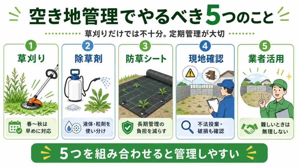 空き地管理でやるべき5つのことを解説した図。定期的な草刈り、除草剤の活用、防草シートの検討、現地確認、業者活用を組み合わせることで、空き地の管理負担を減らしやすくなることを分かりやすく示している。
