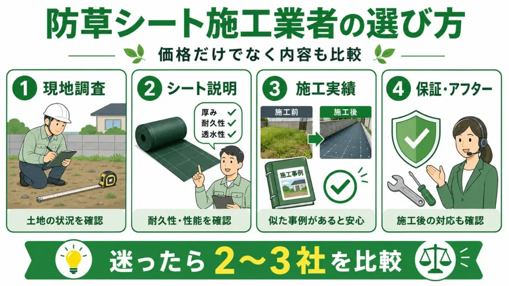 防草シート施工業者の選び方を解説した図。現地調査の有無、使用する防草シートの説明、施工実績、保証やアフター対応を確認し、価格だけでなく施工内容も比較する重要性を分かりやすく示している。
