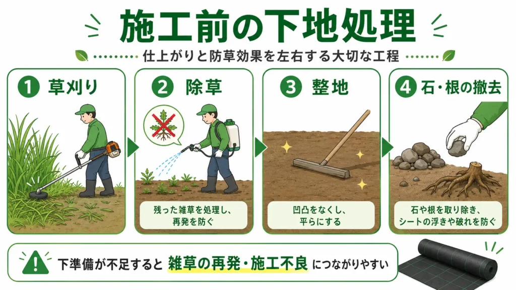 防草シート施工前の下地処理を解説した図。草刈り、除草、整地、石や根の撤去を行うことで、施工後の雑草再発やシートの浮き・破れを防ぎやすくなることを分かりやすく示している。