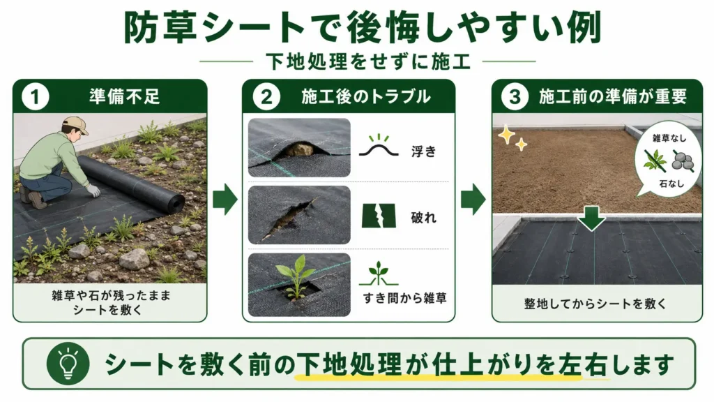 防草シート施工で下地処理をせずに失敗しやすい例を解説した図。雑草や石が残ったまま施工すると、シートの浮きや破れ、隙間からの雑草発生につながることを示し、施工前の整地が重要であることを分かりやすく紹介している。