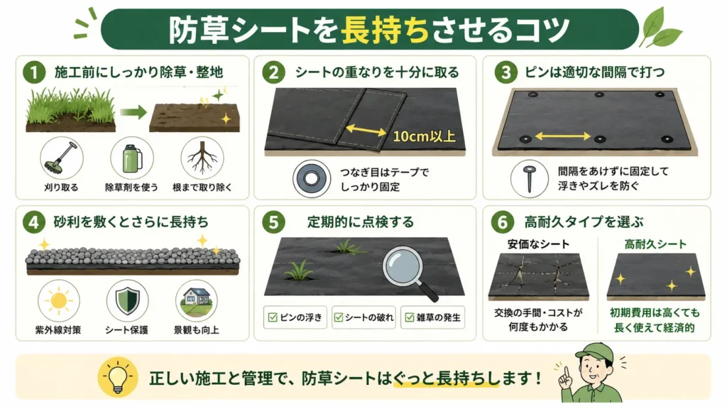防草シートを長持ちさせるコツをまとめた図。施工前の除草と整地、シートの重ね幅の確保、固定ピンの適切な設置、砂利敷き、定期点検、高耐久タイプの選び方など、寿命を延ばすポイントを分かりやすく紹介している。