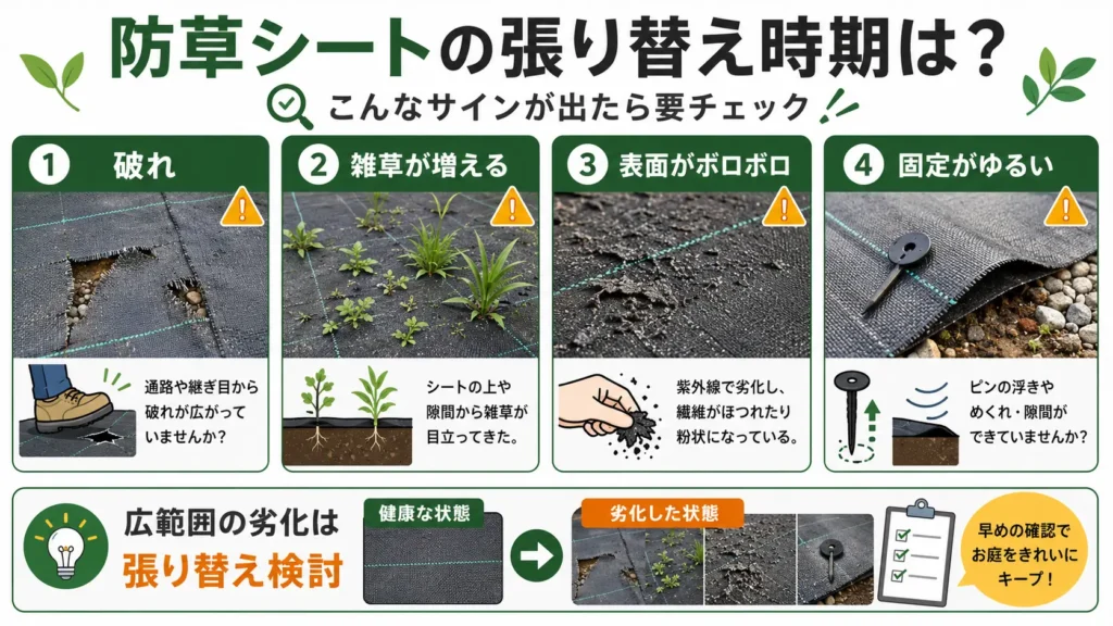 防草シートの張り替え時期を判断するためのサインをまとめた図。シートの破れ、雑草の増加、表面の劣化、固定ピンの浮きやシートのめくれなど、交換を検討する目安を写真付きで分かりやすく紹介している。