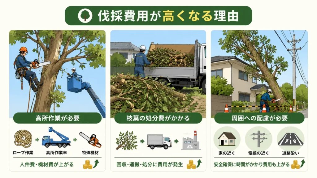 伐採費用が高くなる理由を、高所作業・枝葉の処分・周囲への安全配慮の3つの要因で分かりやすく解説したイラスト