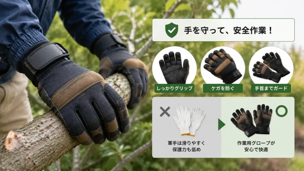 作業用グローブを着用して庭木を持つ様子。滑り防止やケガ防止に役立つ作業用手袋と、軍手との違いをイメージした写真風画像