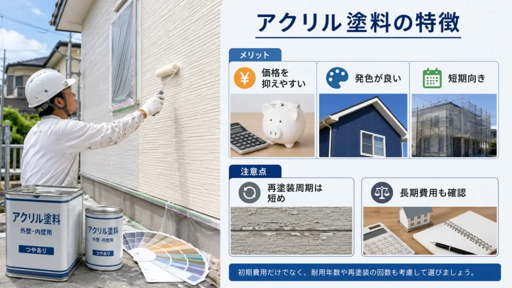 アクリル塗料の特徴として、価格の安さや発色の良さと、再塗装周期の短さ・長期費用の注意点を示した画像