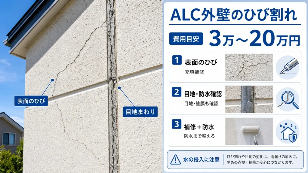 ALC外壁のひび割れについて、表面のひび・目地まわりの劣化・防水確認のポイントと、補修費用3万〜20万円の目安を写真付きで示した画像