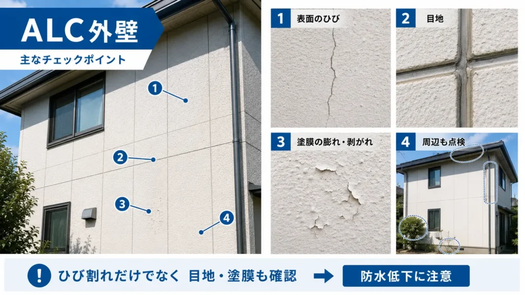 ALC外壁の点検ポイントとして、パネル表面のひび割れ、目地の劣化、塗膜の膨れや剥がれ、周辺部の確認箇所を写真付きで示した画像