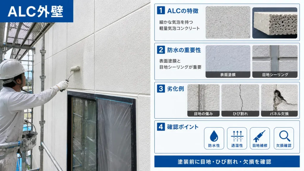 ALC外壁の表面塗膜・目地・ひび割れ・欠損と、防水性や透湿性の確認点を示した画像