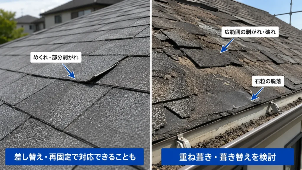 アスファルトシングルの部分的な剥がれと広範囲の破れ・石粒脱落を比較した画像