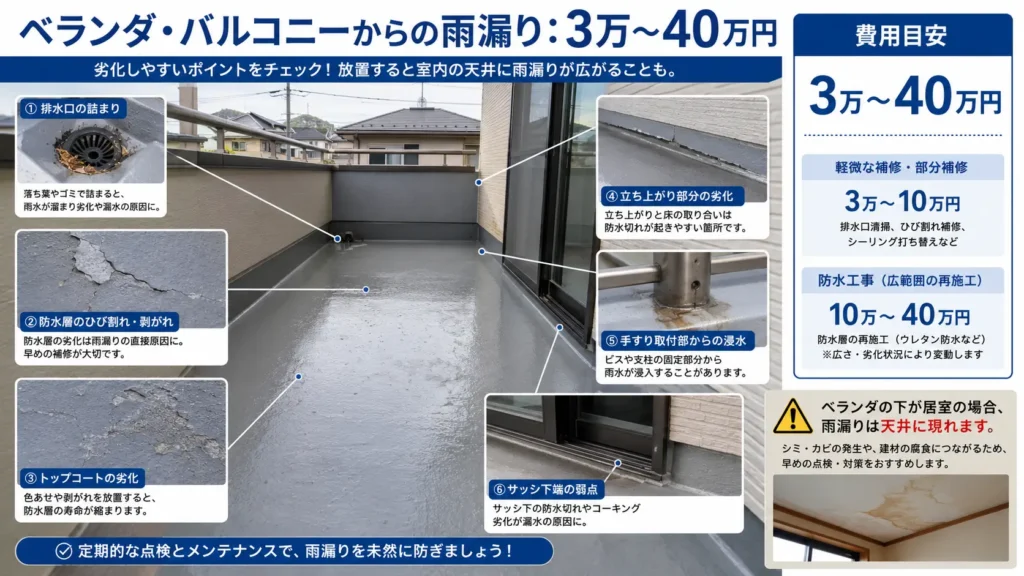 ベランダ・バルコニーからの雨漏り原因として、排水口の詰まり、防水層のひび割れ、トップコート劣化、立ち上がり部、手すり固定部、サッシ周辺の不具合と修理費用の目安を示した画像
