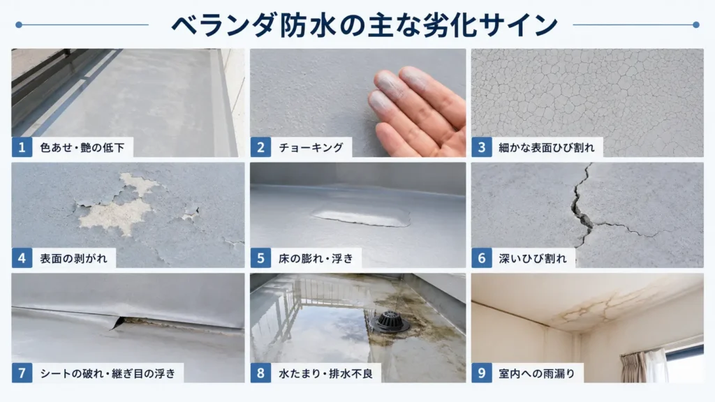 ベランダ防水の色あせ・ひび割れ・剥がれ・浮き・排水不良・雨漏りなどの劣化サインを示した画像