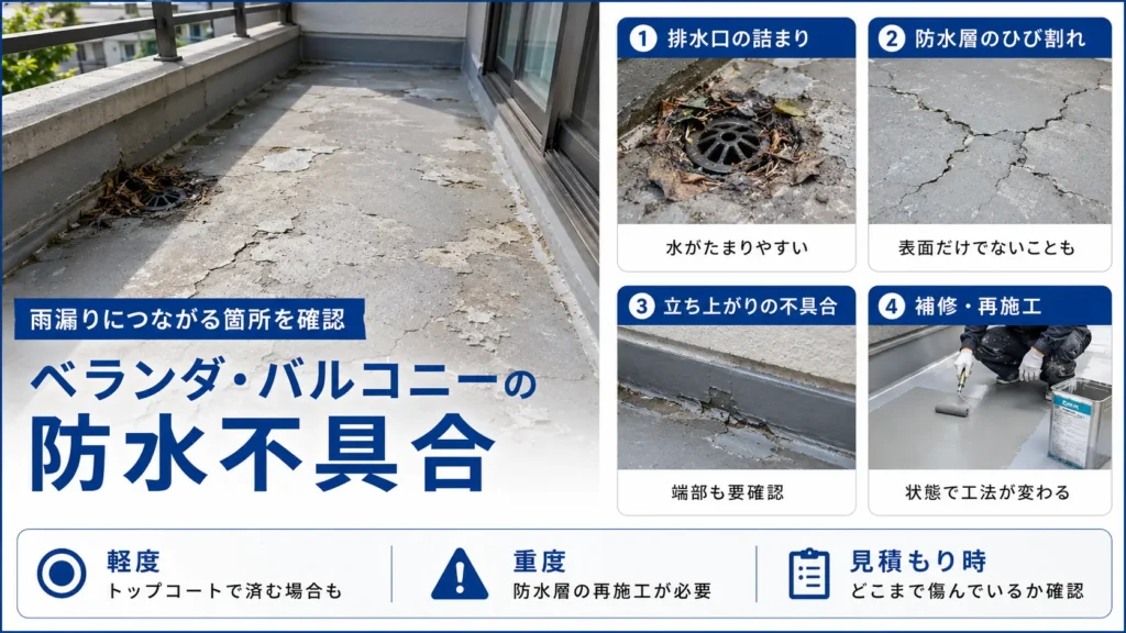 ベランダの防水層のひび割れや排水口の詰まりなど、雨漏りの原因を示した画像