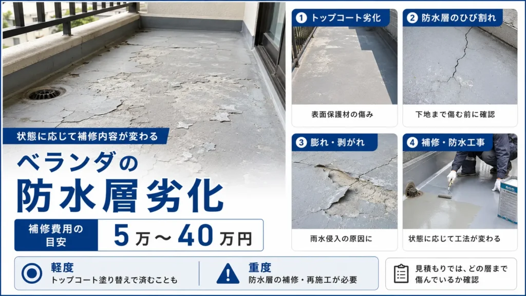 ベランダ防水層のひび割れや剥がれと補修費用の目安を示した画像