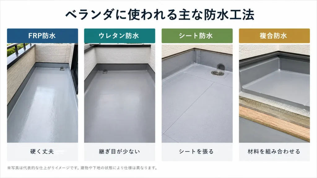ベランダに使われるFRP防水・ウレタン防水・シート防水・複合防水の違いを比較した画像