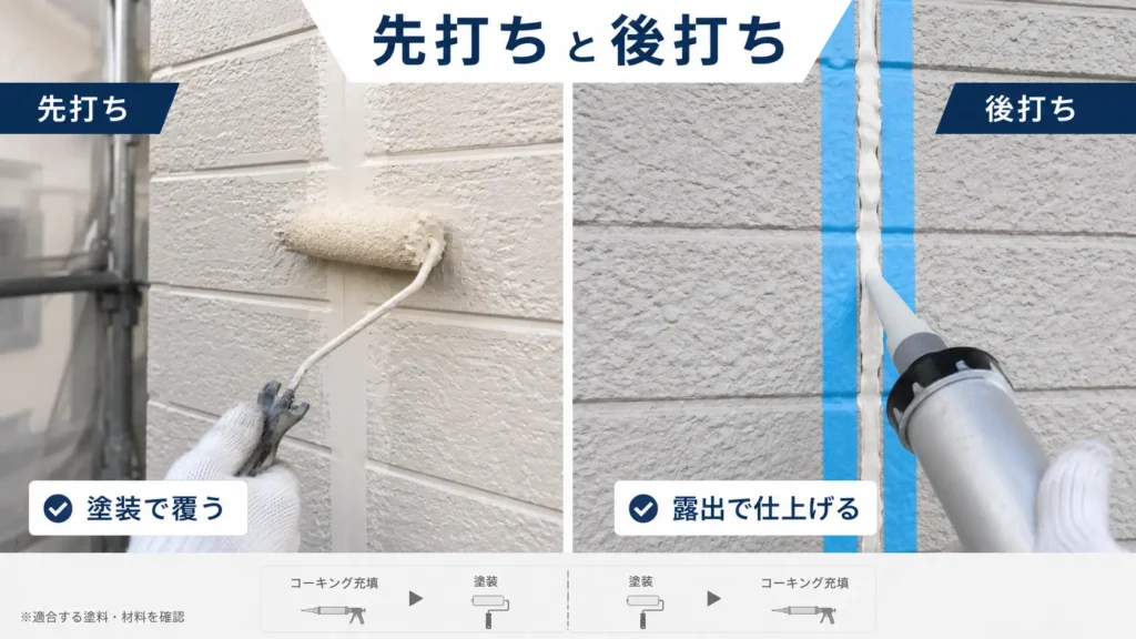 外壁塗装におけるコーキングの先打ちと後打ちの施工順序を比較した画像