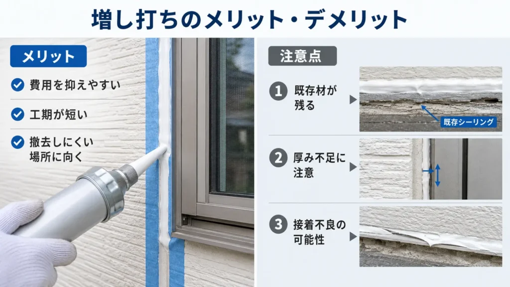 外壁コーキングの増し打ちについて、費用や工期のメリットと厚み不足・接着不良の注意点を示した画像