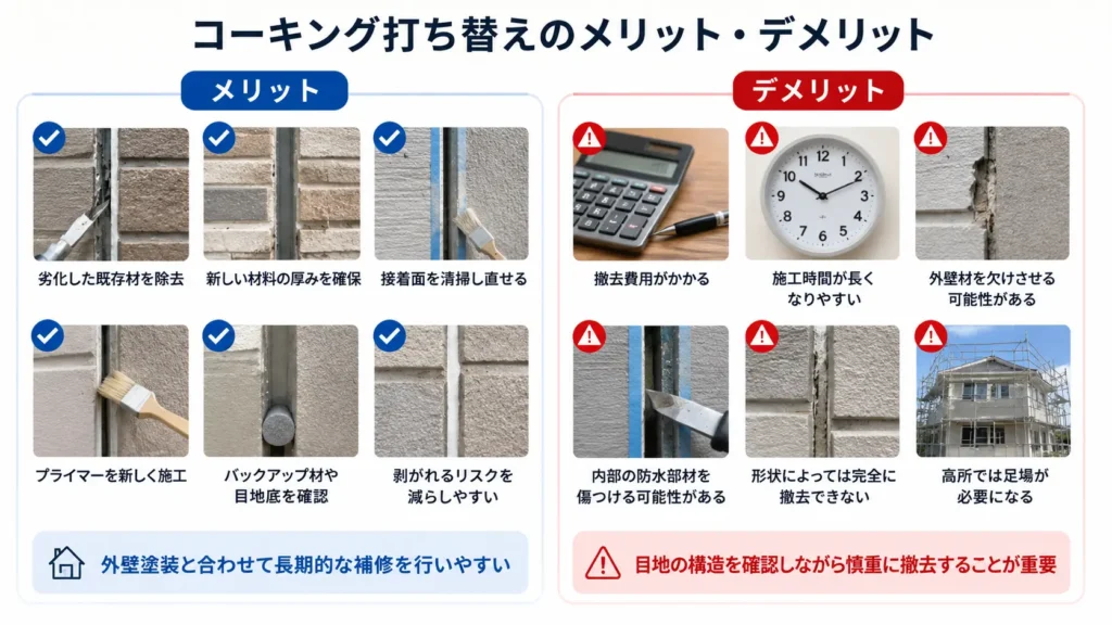 外壁コーキング打ち替えのメリットとデメリットを比較した画像
