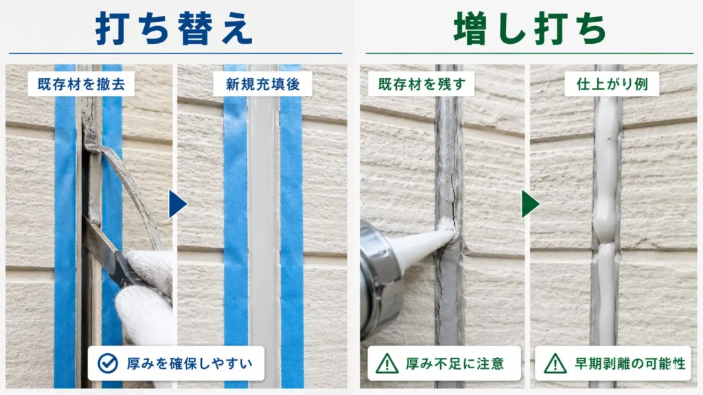 外壁コーキングの打ち替えと増し打ちについて、施工方法と仕上がりの違いを比較した画像