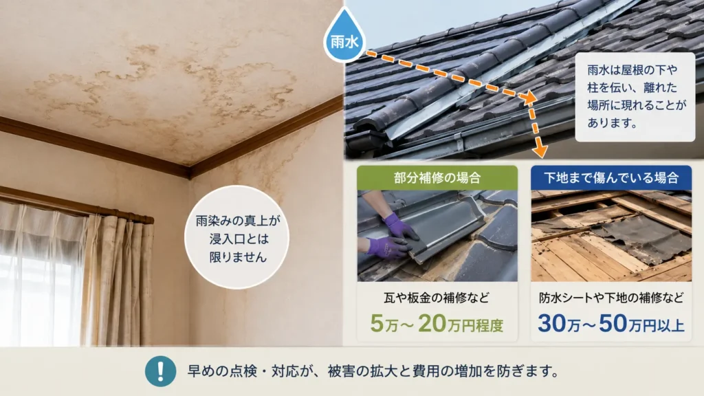 天井や壁に現れた雨染みと、屋根から雨水が離れた場所へ伝わる仕組み、部分補修と下地補修の費用目安を示した画像