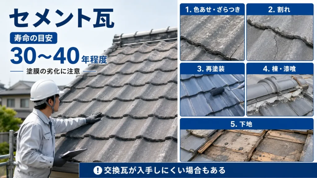 セメント瓦の寿命目安と、色あせ・割れ・塗装・棟や下地の点検ポイントを示した画像