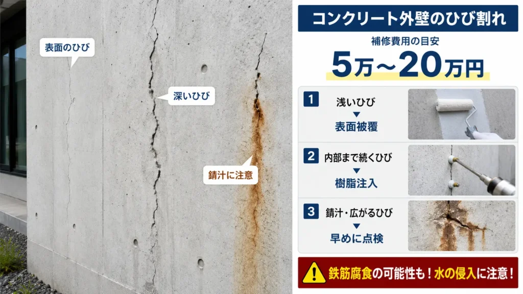コンクリート外壁のひび割れについて、浅いひび・内部まで続くひび・錆汁が出るひびの違いと、表面被覆や樹脂注入などの補修方法、費用目安5万〜20万円を示した画像