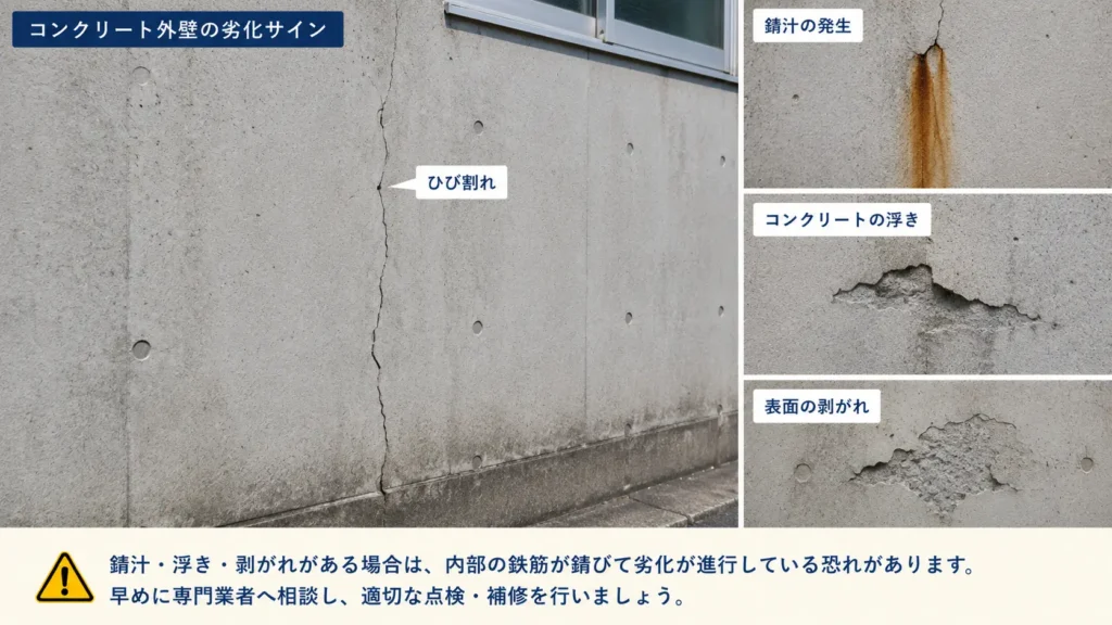 コンクリート外壁に発生したひび割れ、茶色い錆汁、コンクリートの浮きや表面剥がれなど、内部の鉄筋腐食が疑われる劣化サインを示した画像