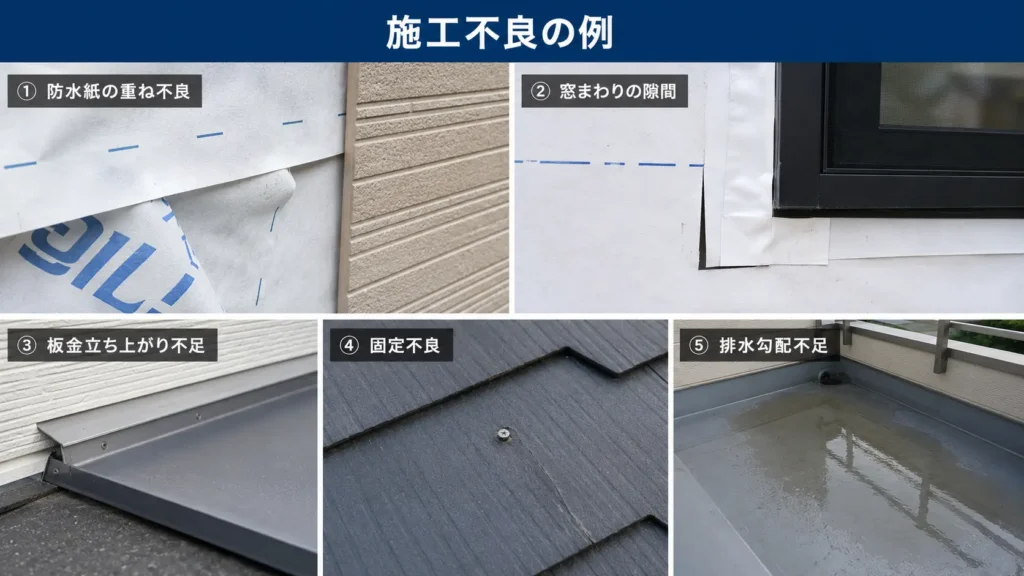 防水紙や窓まわり、板金、屋根、ベランダの施工不良例