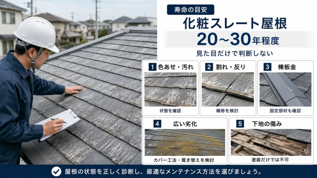 化粧スレート屋根の寿命目安と、劣化状態に応じた点検・補修の判断ポイントを示した画像