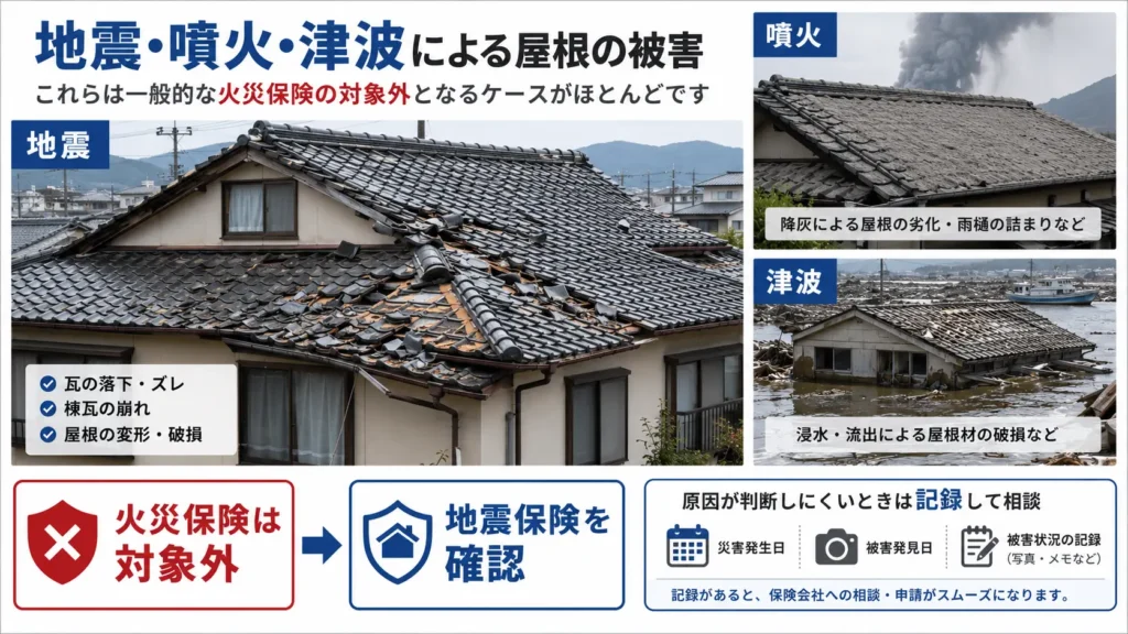 地震・噴火・津波による屋根の破損と、地震保険を確認する必要性を示した画像