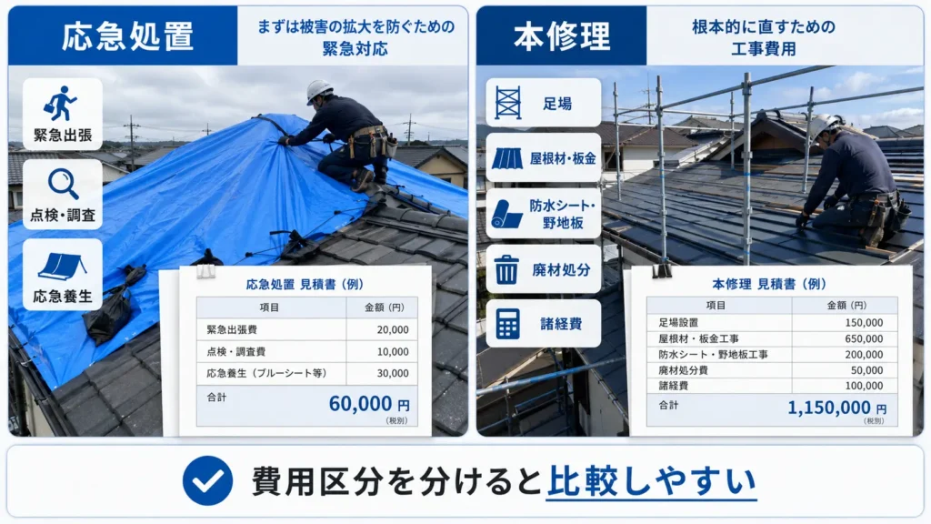 台風後の屋根の応急処置費用と本修理費用を分けて比較する見積もり例の画像