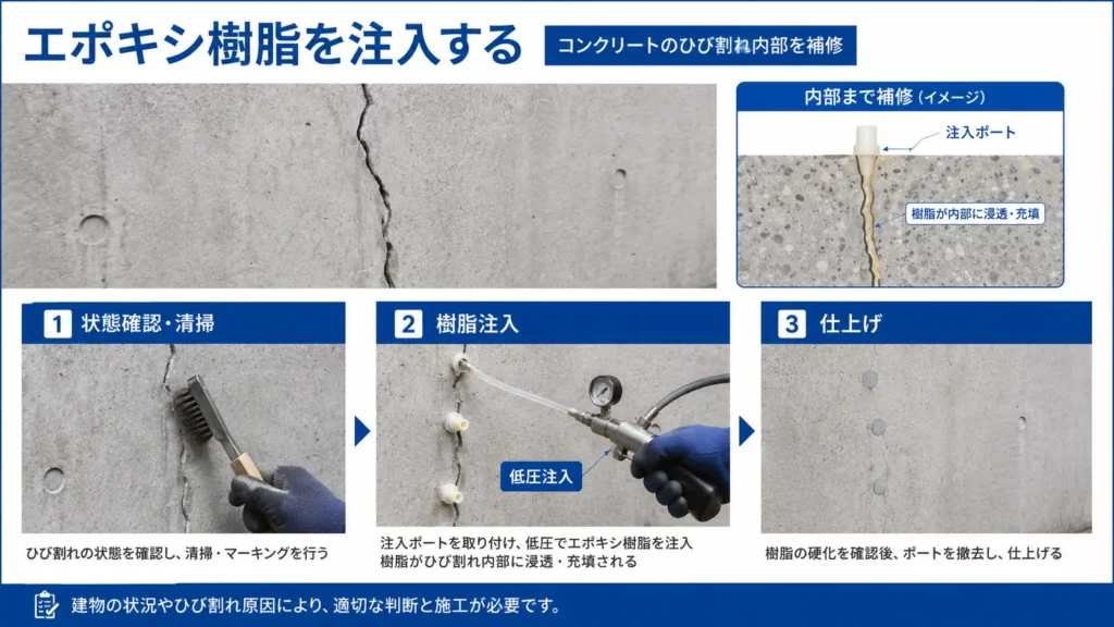 コンクリートのひび割れにエポキシ樹脂を注入する補修方法について、状態確認・清掃、低圧注入、仕上げの流れと、樹脂が内部まで浸透するイメージを示した画像