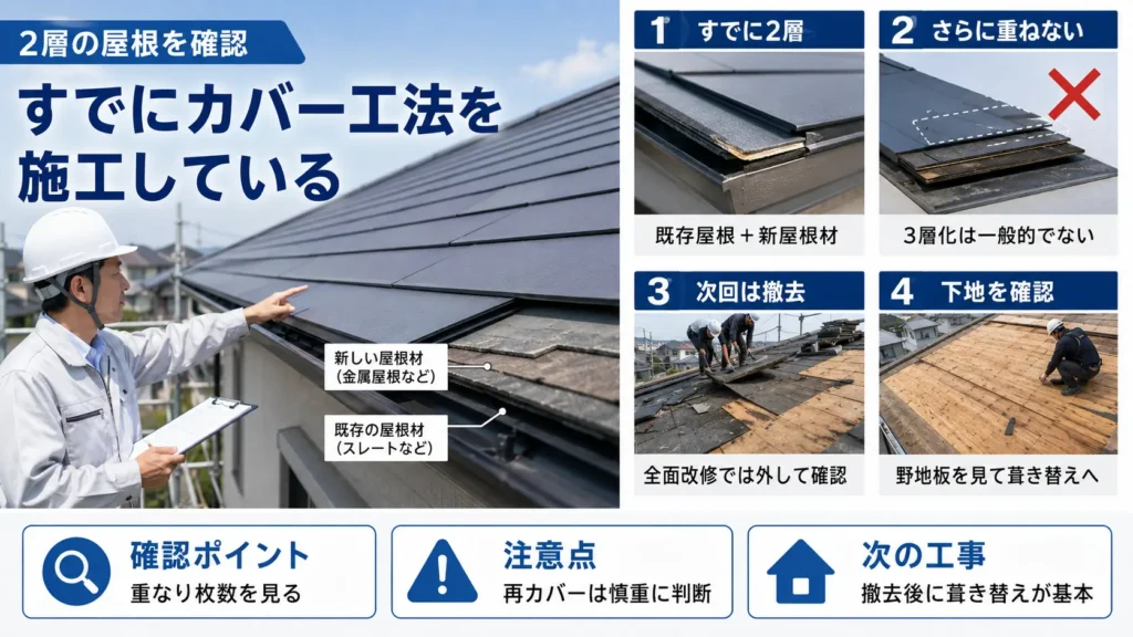 カバー工法で2層になった屋根と、次回改修で撤去して下地を確認する流れを示した画像