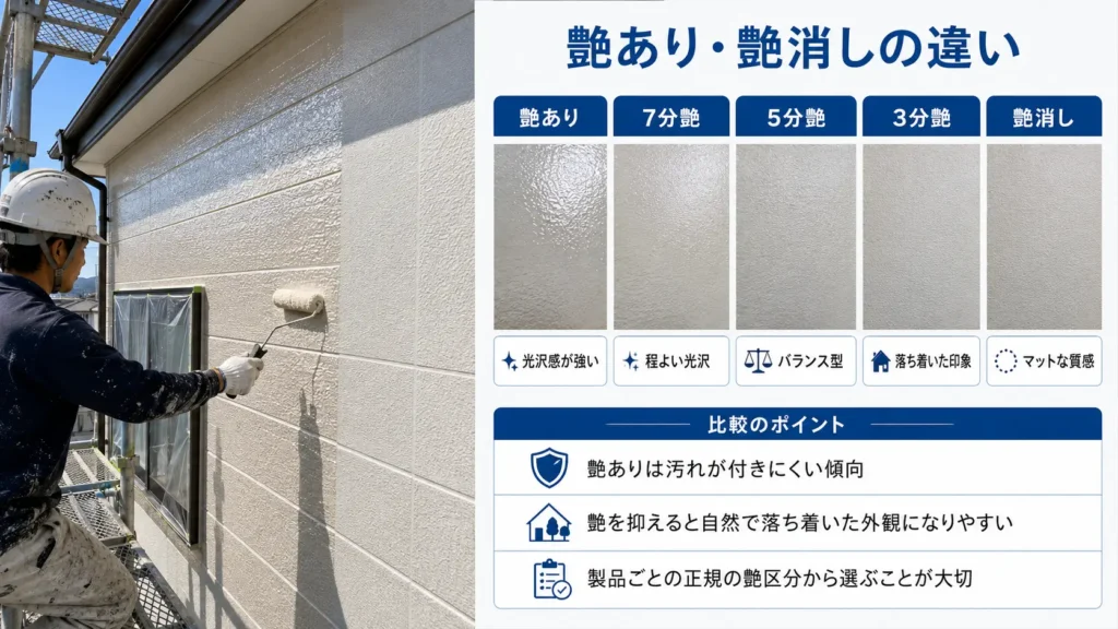 外壁塗料の艶あり・7分艶・5分艶・3分艶・艶消しの見た目と特徴を比較した画像