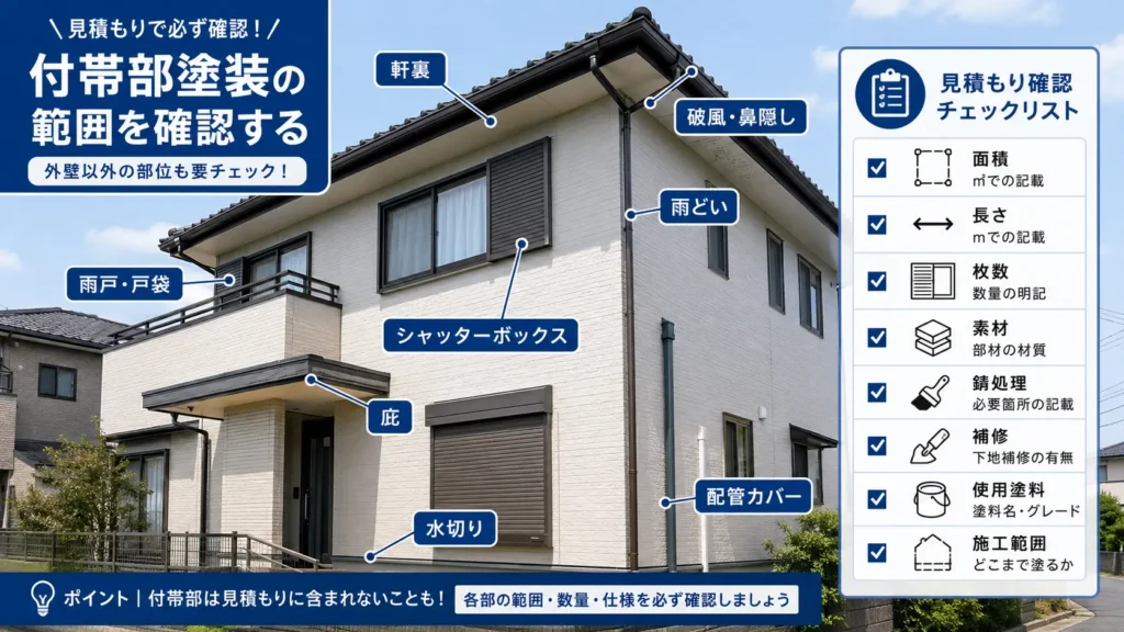 外壁塗装で確認する軒裏・破風・雨どい・雨戸・水切り・庇など付帯部の施工範囲を示した画像