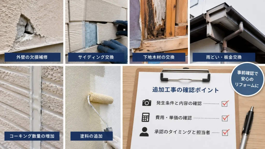 外壁の欠損補修やサイディング・下地木材・雨どいの交換など、追加費用が発生する工事例を示した画像