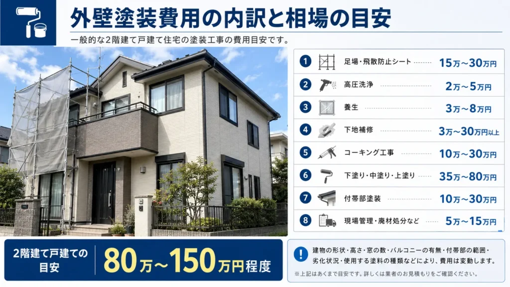 外壁塗装の総額目安と、足場・洗浄・養生・下地補修・コーキング・付帯部塗装などの費用内訳を示した画像