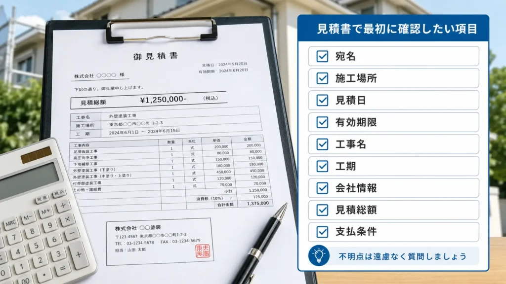 外壁塗装の見積書で確認する宛名・施工場所・工期・会社情報・総額・支払条件を示した画像